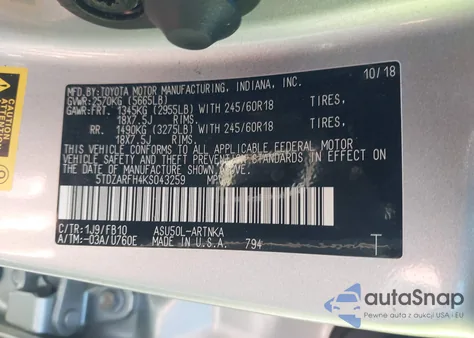 2019 Toyota Highlander Le z USA, uszkodzony, nr VIN 5TDZARFH4KS043259